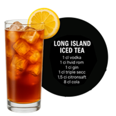 En opskrift på en Long Island Iced Tea med ingredienser og mængder.