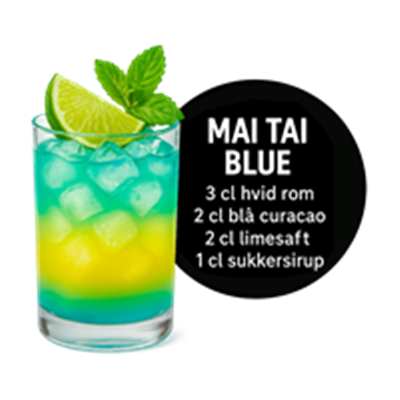 En farverig cocktail med hvid rom, blå curacao, limesaft og sukker sirup, pyntet med lime og mynte.