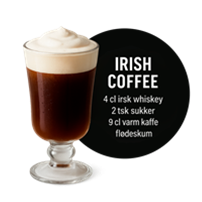 En opskrift på Irish Coffee med ingredienser som irsk whiskey, sukker, varm kaffe og flødeskum.