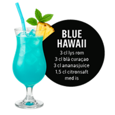 En opskrift på den farverige Blue Hawaii cocktail med ingredienser og pynt.