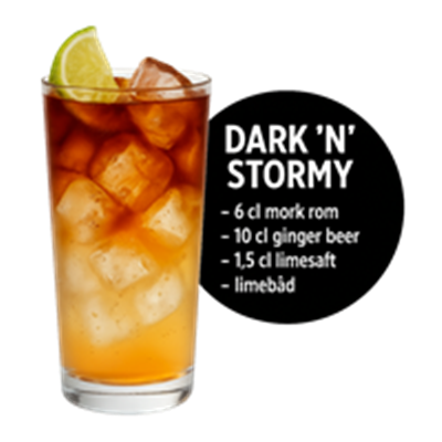 En opskrift på cocktailen Dark n Stormy med ingredienser og mængder.