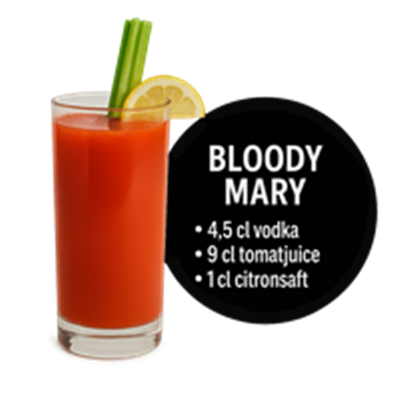 En opskrift på en klassisk Bloody Mary cocktail med vodka, tomatjuice og citronsaft.