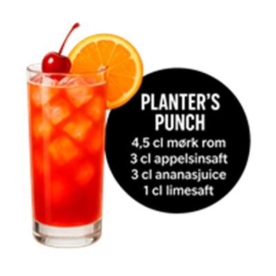 En farverig cocktail med mørk rom, appelsin- og ananasjuice, pyntet med en kirsebær og en appelsinskive.