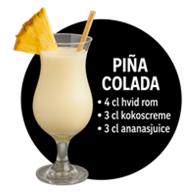 En lækker Piña Colada med hvid rom, kokoscreme og ananasjuice.