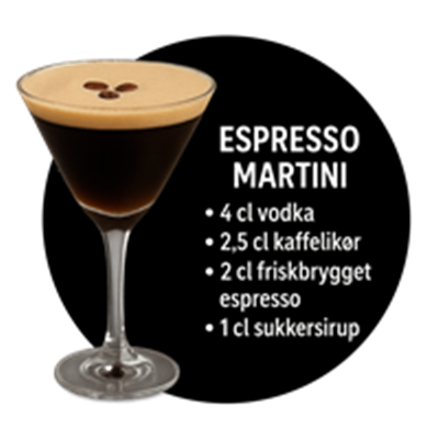 En lækker opskrift på Espresso Martini med vodka, kaffe, espresso og sukkersirup.