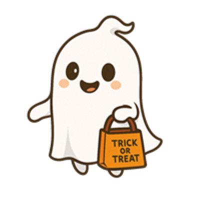 Et venligt spøgelse holder en godtepose med teksten TRICK OR TREAT.