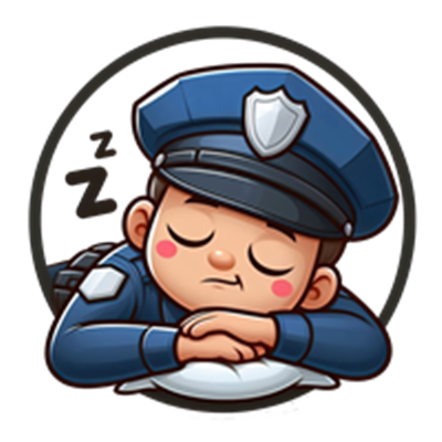 En sød tegning af en politibetjent, der sover med hovedet på sine arme.