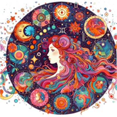 En farverig illustration af en kvinde med astrologiske symboler og stjerner omkring hende.