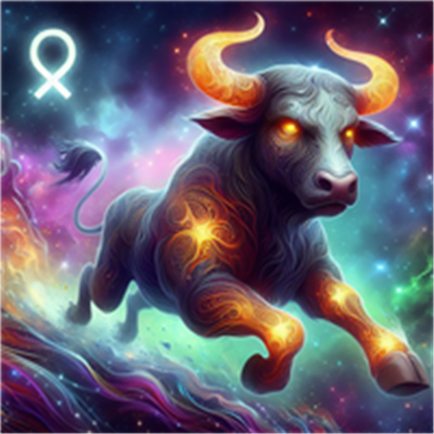 Et farverigt og fantasifuldt billede af en tyr, der springer gennem et stjernespækket rum.