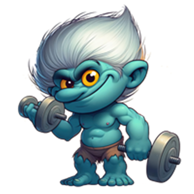En farverig trold med hvidt hår, der løfter vægte, og ser selvsikker ud.