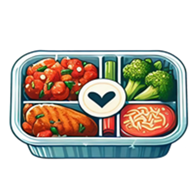 En farverig madpakke med kylling, grøntsager og pasta i sektioner.