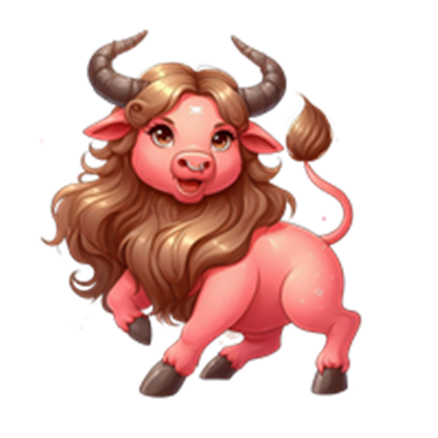 En farverig og fantasifuld illustration af en kalv med langt hår og horn.