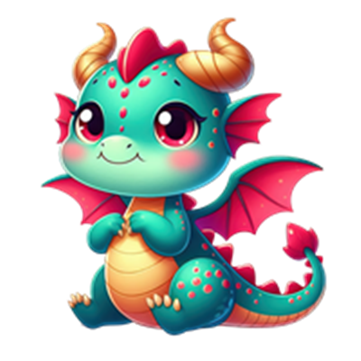 En lille, farverig drage med store øjne og glade træk, der sidder og ser sød ud.