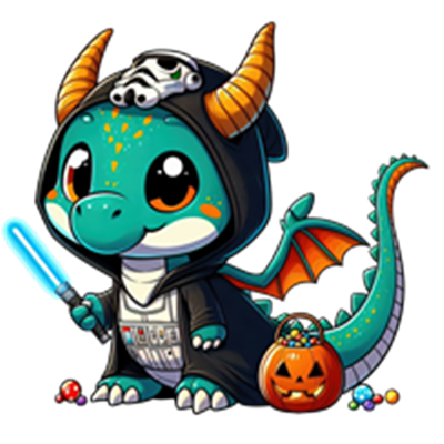 En farverig drage iført en Halloween-kostume med en lysesabel og en græskarpose.