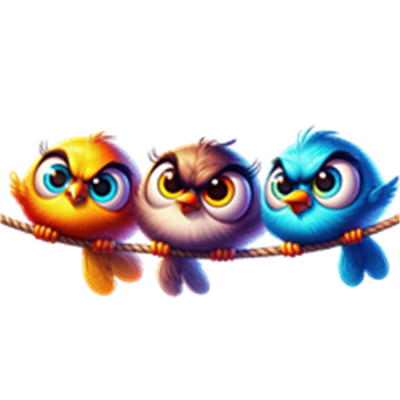 Tre animerede fugle i forskellige farver sidder på en gren og ser nysgerrigt ud.