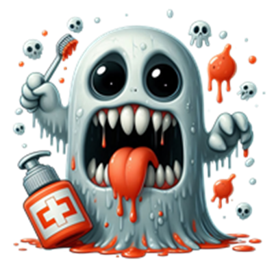 Et farverigt, tegneserieagtigt spøgelse med blod og en tandbørste, omgivet af skaller.