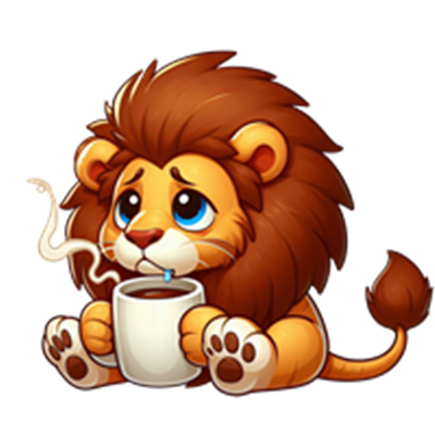 En tegneserie-lignende løve, der drikker kaffe med et trist udtryk.