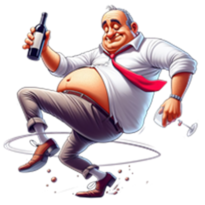 En glad, overvægtig mand danser med en flaske vin i hånden, iført skjorte og slips.