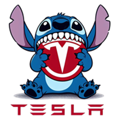 En farverig illustration af Stitch, der holder et Tesla-logo.
