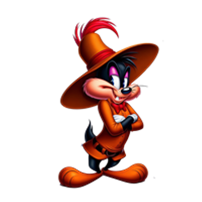 En farverig og selvsikker animeret karakter iført en stor hat og med et drilsk smil.