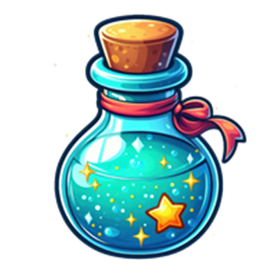 En farverig flaske med magisk eliksir, pyntet med stjerner og glimmer.