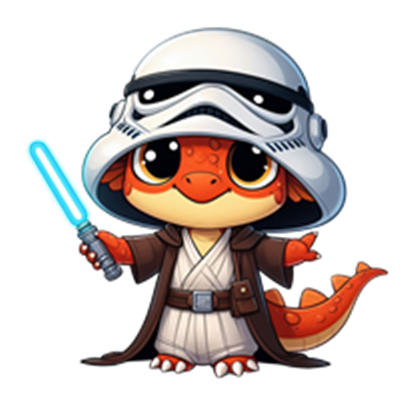 En sød drage iført en stormtrooper hjelm og en lysesværd, i en sjov og fantasifuld stil.