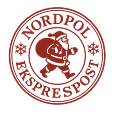 Et stempel med motiv af en julemand, der bærer en pose, med teksten Nordpol Eksprespost.