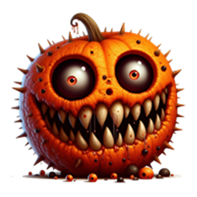 Et uhyggeligt græskar med spidse torne, store øjne og skræmmende tænder.