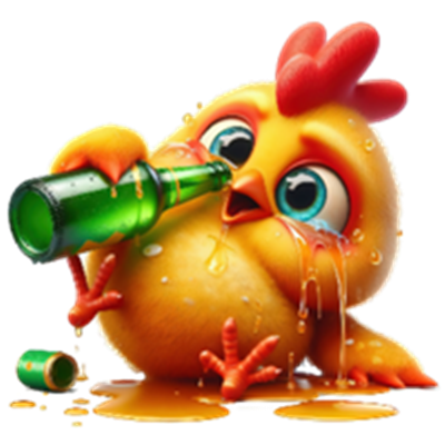 En farverig, animeret kylling, der drikker fra en ølflaske og ser glad ud.
