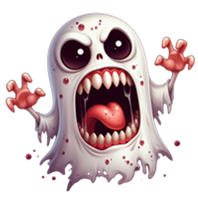 Et farverigt og skræmmende spøgelse med store øjne, åben mund og kløer.