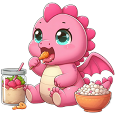 En lille, nuttet pink drage sidder og spiser snacks som is og mad fra skåle.