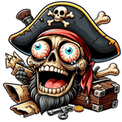 En farverig og humoristisk piratskalle iført en pirathat, omgivet af skatte og piratrelaterede genstande.