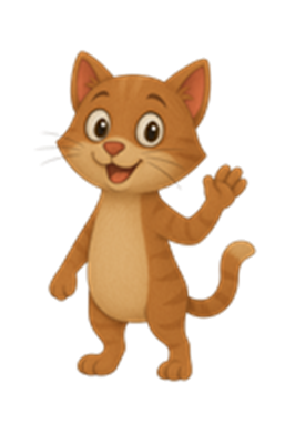 En glad, tegneserieagtig kat med orange pels, der vinker med en pote.