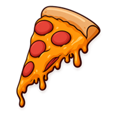 En farverig illustration af et stykke pepperoni pizza, der smelter med ost.