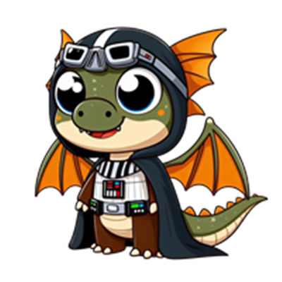 En sød, cartoonagtig drage iført en Star Wars-inspireret dragt med vinger.