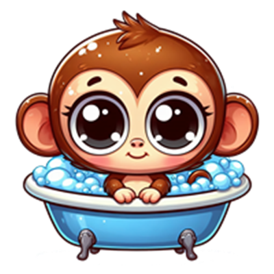 En tegneserieagtig abe sidder i et badekar fyldt med sæbebobler og ser glad ud.