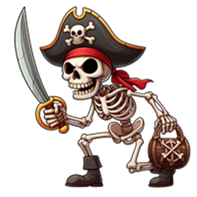 En farverig tegning af et skelet iført pirathat, med sværd og en skattekiste.