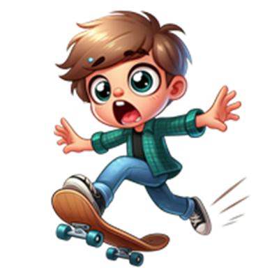 En ung dreng på skateboard, der ser overrasket ud, mens han skater.