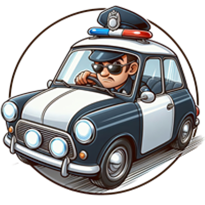 En tegneserieagtig illustration af en betjent, der kører i en politibil.