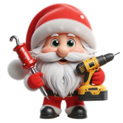 En sjov julemand, der holder en boremaskine og en skruetrækker.