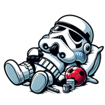 En tegneserieagtig stormtrooper, der ligger afslappet med en fodbold og en pude.
