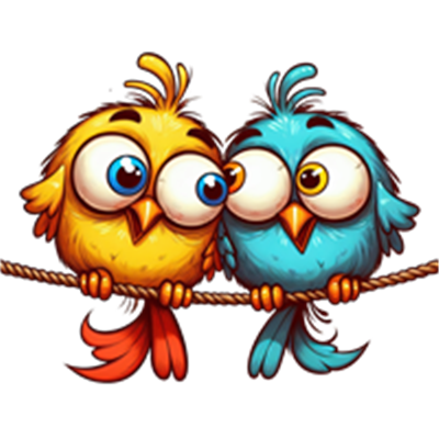 To søde, farverige fugle sidder på en snor og ser på hinanden med store øjne.