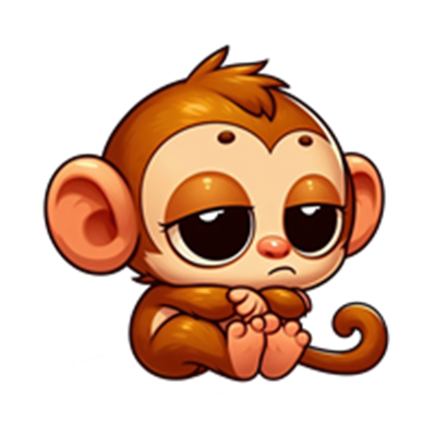 En tegnet abe med store øjne, der ser trist ud, siddende med benene trukket op.