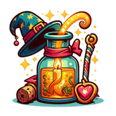 Et farverigt magisk elixir i en krukke med en lysende stearinlys, en stjernehat og en tryllestav.