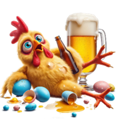 En humoristisk høne, der slapper af med en øl og farverige påskeæg omkring sig.