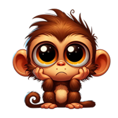 En nuttet tegnet abe med store, triste øjne, der sidder og ser eftertænksom ud.