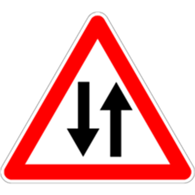 Et trekantet skilt med røde kanter, der angiver modkørende trafik.