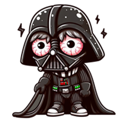 En nuttet, cartoon-lignende version af Darth Vader med store øjne og en sjov attitude.