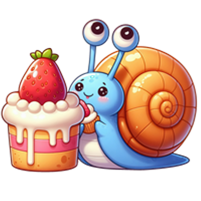 En farverig, tegneserieagtig snegl nyder en cupcake med jordbær og flødeskum.