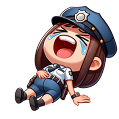 En tegneseriefigur af en kvindelig politibetjent, der græder og ligger på jorden.